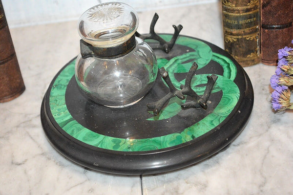 Antique Malachite Black Marble Desk Set Inkwell Pen Stand