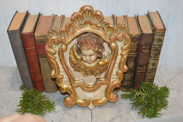 Antique Italian Painted Gilded Carved Wood Mirror and Figural Cherub Putto Head