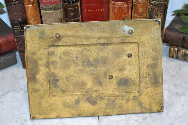 Antique English Brass Gothic Double Inkwell Figural Faces Pen Rest