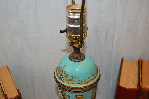 Antique French Turquoise Blue Porcelain Sevres Style Lamp Hunt Scene Couple