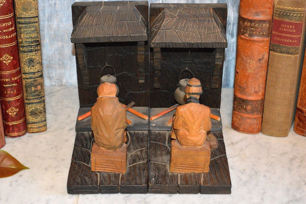 Antique Pair Black Forest Bookends Carved Wood Fireplace Figural Male Female Dog