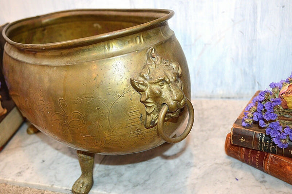 Antique Large Brass Jardiniere Planter Aesthetic Movement Lion Heads Paws