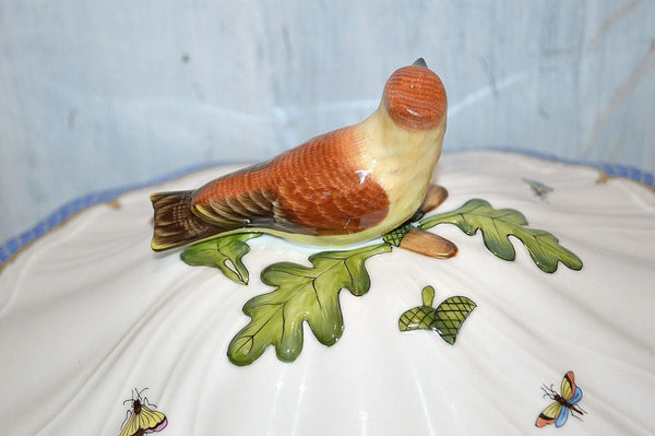 Herend Rothschild Bird Blue Border Tureen With Bird Fishscale 1055