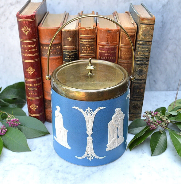 Antique Jasper Dudson England Blue Jasperware Biscuit Barrel Jar Classic Figures