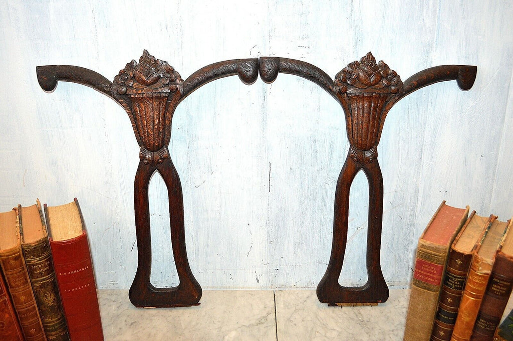 Antique Pair German Black Forest Carved Wood Architectural Elements Mounts