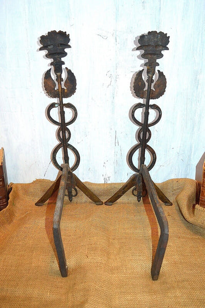 Antique Pair Caduceus Andirons Fireplace Accessory Medical Symbol Snakes Wings