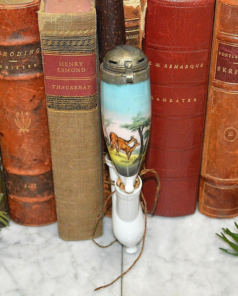 Antique German Hunt Scene Deer Pipe Porcelain Wood Horn Ebony 25"