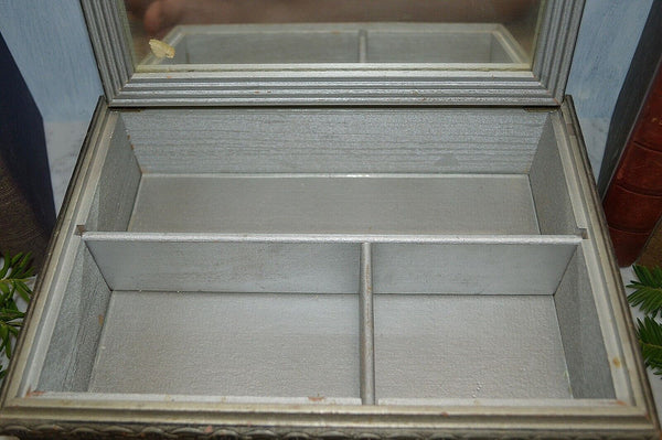 Antique Jewelry Dresser Box Interior Mirror Silver Wood Romantic Pastoral Scene