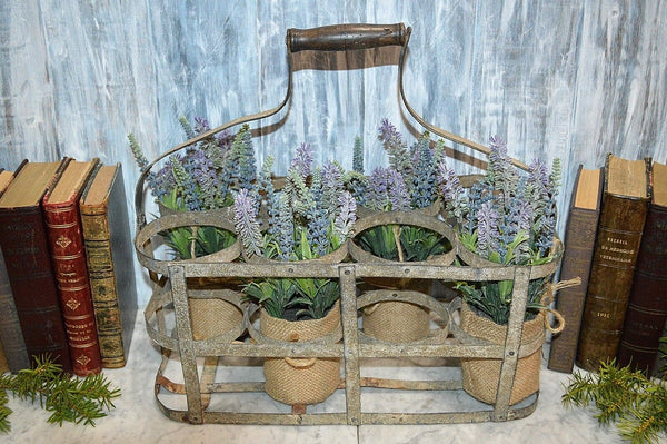 Antique French 8 Bottle Carrier Zinc with Wood Handle Caddy Holder