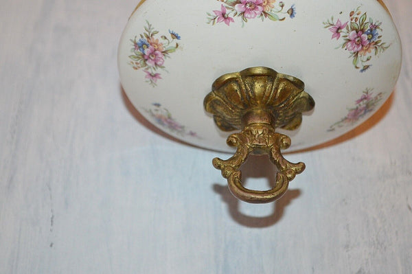 Antique Pendant Light Fixture Pink Glass Rods Cage Floral Porcelain Gilt Brass