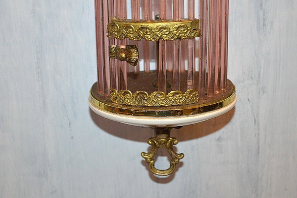 Antique Pendant Light Fixture Pink Glass Rods Cage Floral Porcelain Gilt Brass