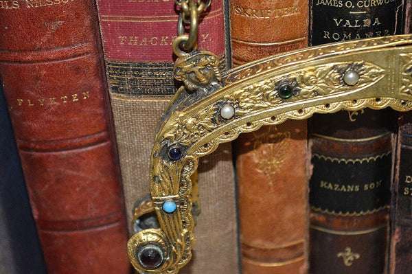 Antique French Gilt Brass Purse Frame Chain Jewel Cabochons Figural Cherub As Is