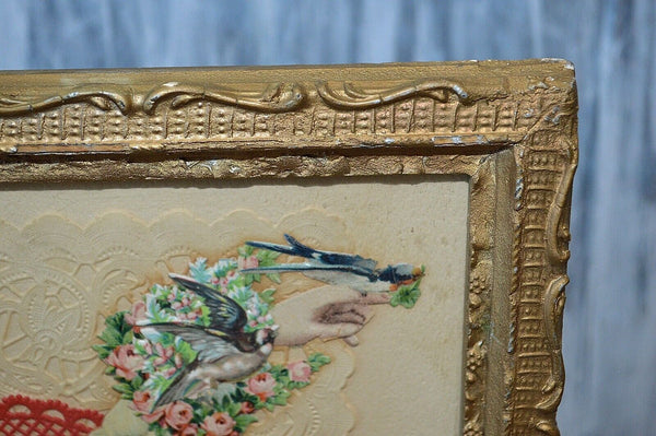 Antique Victorian Gilt Framed Large Die Cuts Sailor Boy Birds Scrap Book Art