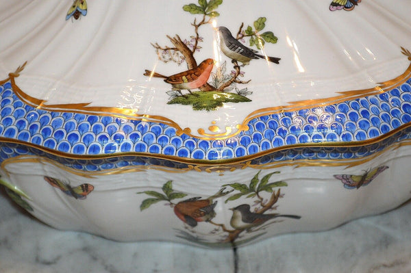 Herend Rothschild Bird Blue Border Tureen With Bird Fishscale 1055
