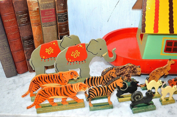 Antique German Noah's Ark Toy on Wheels Wooden 32 Animals Noah and Wife