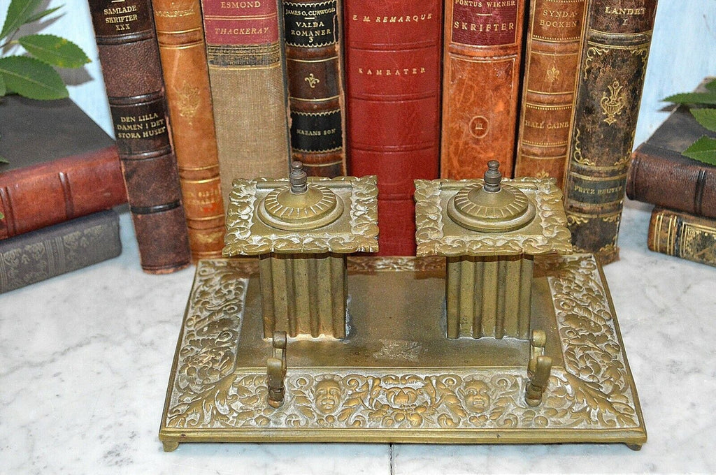 Antique English Brass Gothic Double Inkwell Figural Faces Pen Rest