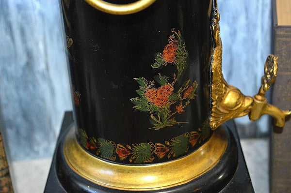 Vintage Faux Samovar Black Tole Chinoiserie Gilt Painted Dolphin Fish  Lion Paw