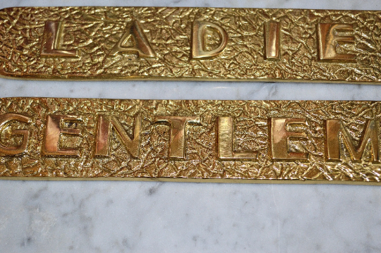 Vintage Pair Brass Ladies and Gentlemen Bathroom Signs Plaques Hardware