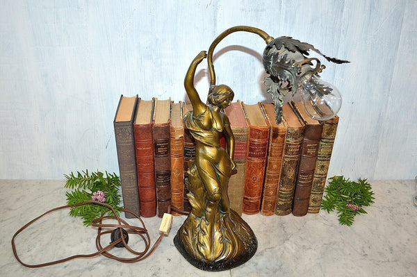 Antique Lamp Figural Female Art Nouveau Desk Table Brass FInish
