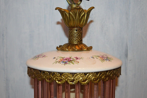Antique Pendant Light Fixture Pink Glass Rods Cage Floral Porcelain Gilt Brass