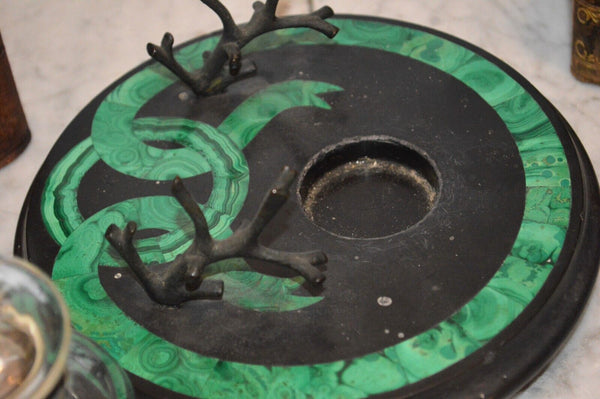 Antique Malachite Black Marble Desk Set Inkwell Pen Stand