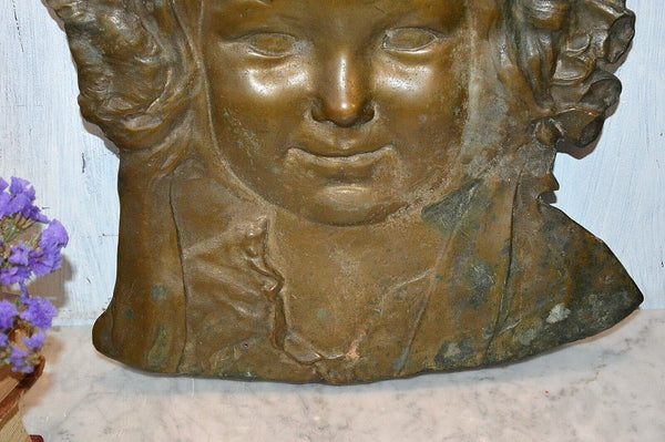 Antique French Large Bronze Cherub Face Head Wall Mount Pediment Figural Plaque