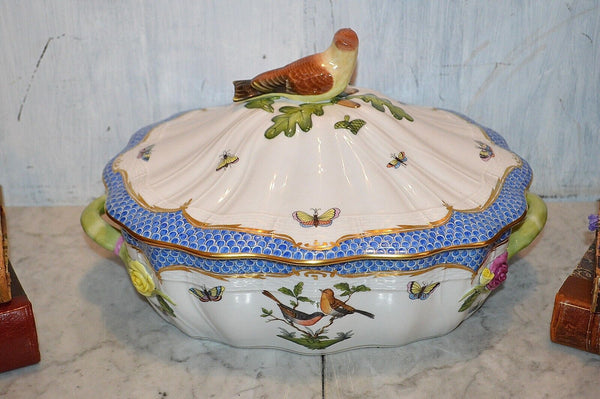 Herend Rothschild Bird Blue Border Tureen With Bird Fishscale 1055