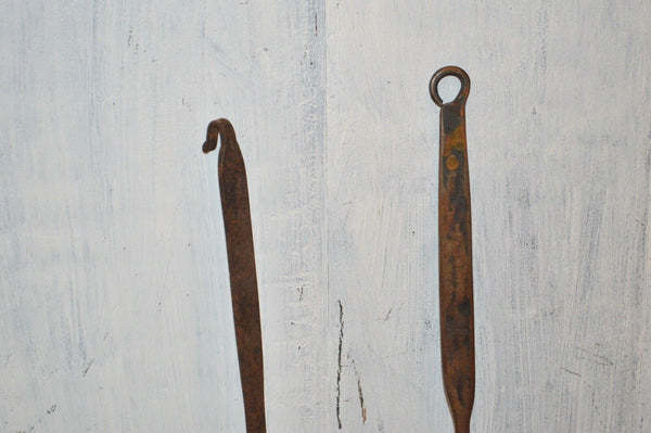 Antique Set Wrought Iron Keyhole Spatula Roasting Fork Primitive 19th C Utensils