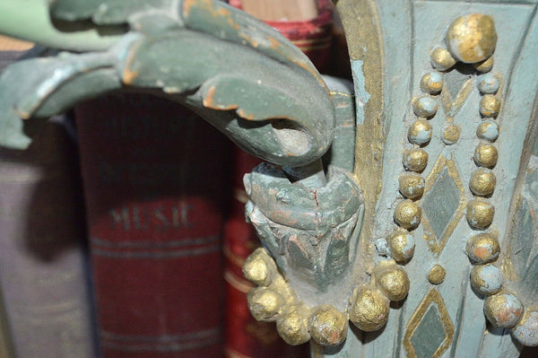Antique French Empire Flame Gilded Wood Wall Sconce Light Fixture Turquoise