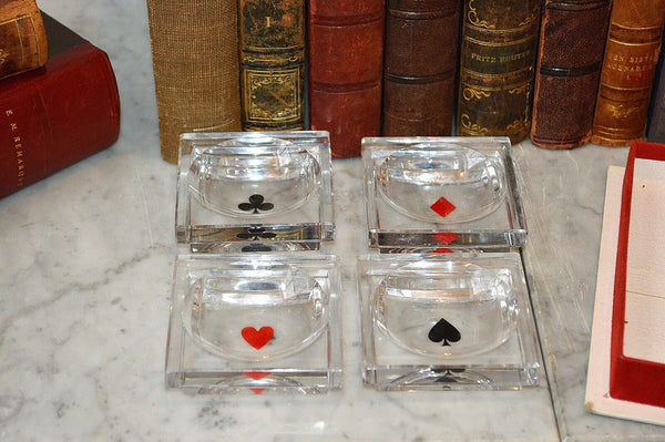 Vintage Baccarat Crystal Poker Card Theme Pluton Salt Caviar Nut Dips Box Set 4