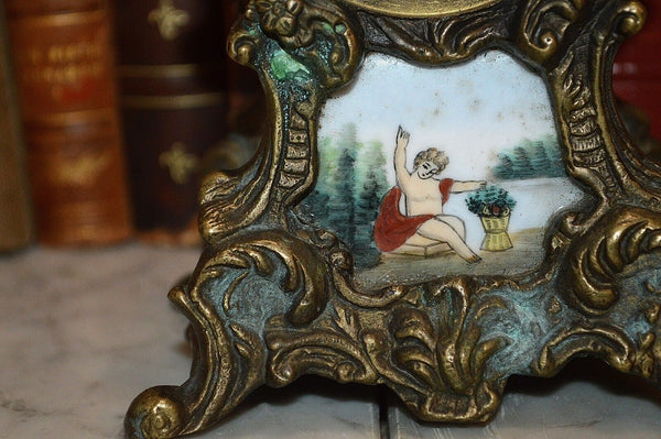 Antique German Small Clock Case Heavy Brass French Style Cherub Porcelain Insert