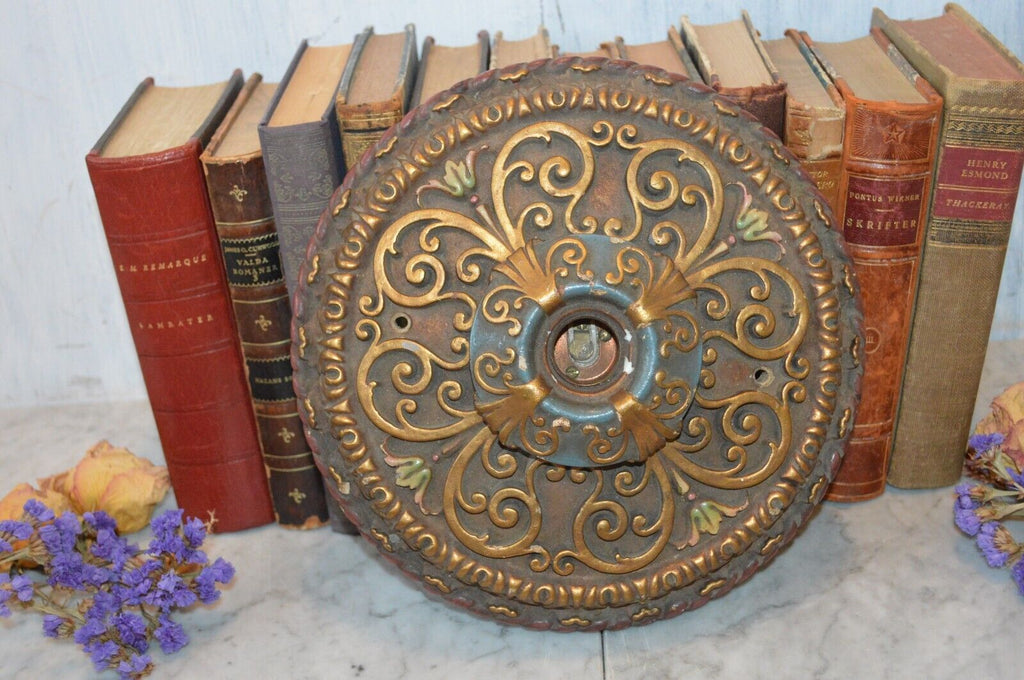 Antique Cast Plaster Polychrome Ceiling Medallion Rosette Light Fixture Gilded