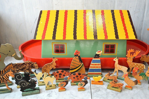 Antique German Noah's Ark Toy on Wheels Wooden 32 Animals Noah and Wife