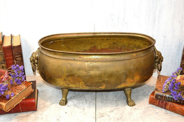 Antique Large Brass Jardiniere Planter Aesthetic Movement Lion Heads Paws