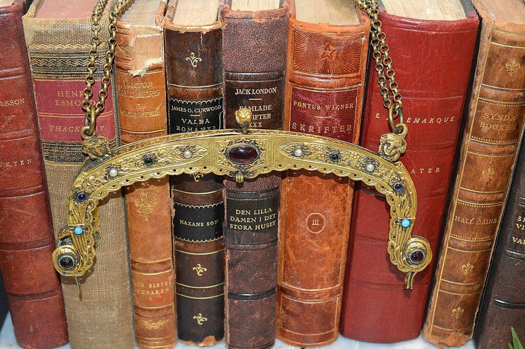 Antique French Gilt Brass Purse Frame Chain Jewel Cabochons Figural Cherub As Is