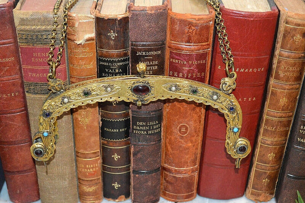 Antique French Gilt Brass Purse Frame Chain Jewel Cabochons Figural Cherub As Is