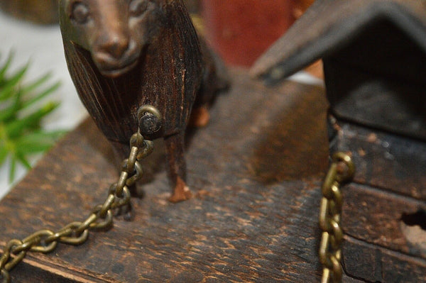 Antique German Black Forest Carved Wood Inkwell Dog and Dog House