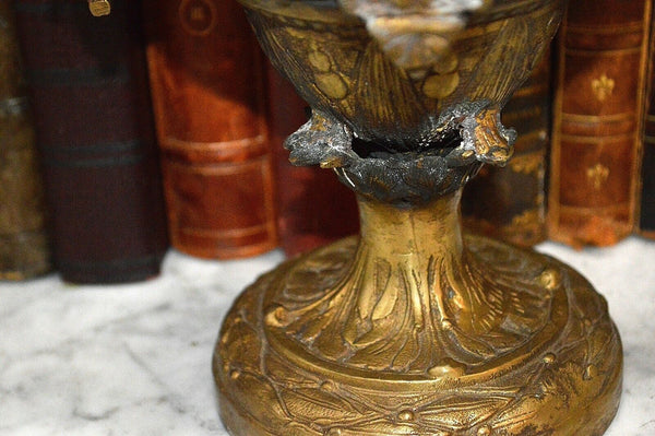 Antique French Bronze Heavy Pedestal Urn Handles Figural Cherubs Ram Relief