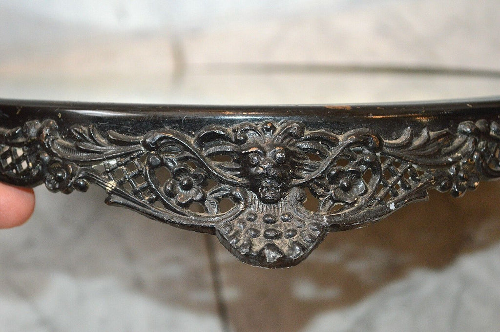 Antique Plateau Mirror Tray Black Art Nouveau Figural Lion Heads Bar Vanity