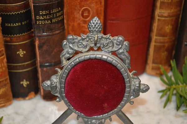 Antique Pocket Watch Stand German Cherubs Pewter Easel Back Display