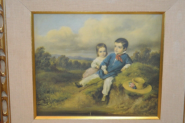 Antique Gilt Framed Lithograph Art Victorian Children Boy Girl Landscape Fishing
