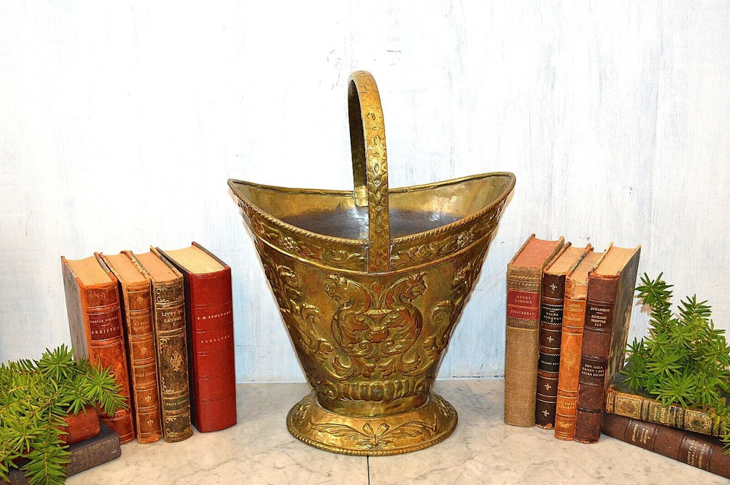 Antique Victorian Embossed Griffins Gargoyles Brass Coal Log Kindling Bucket