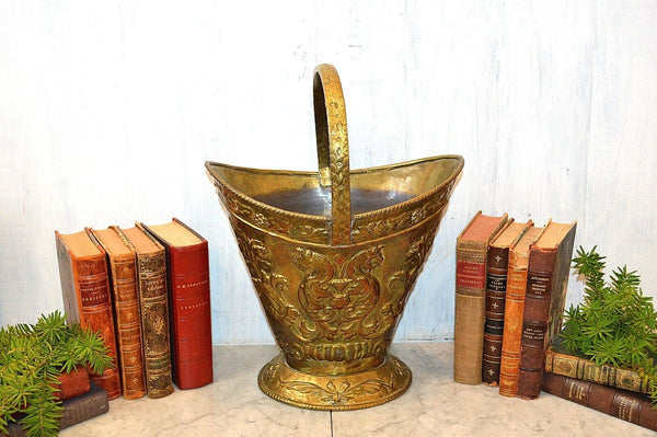 Antique Victorian Embossed Griffins Gargoyles Brass Coal Log Kindling Bucket