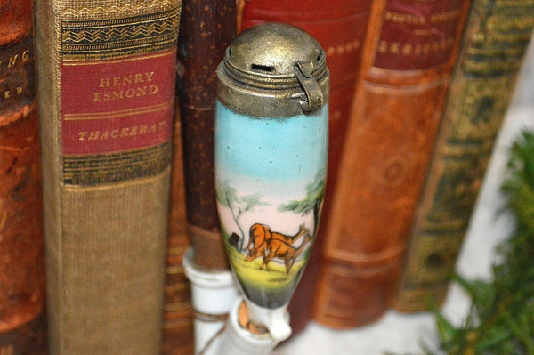 Antique German Hunt Scene Deer Pipe Porcelain Wood Horn Ebony 25"