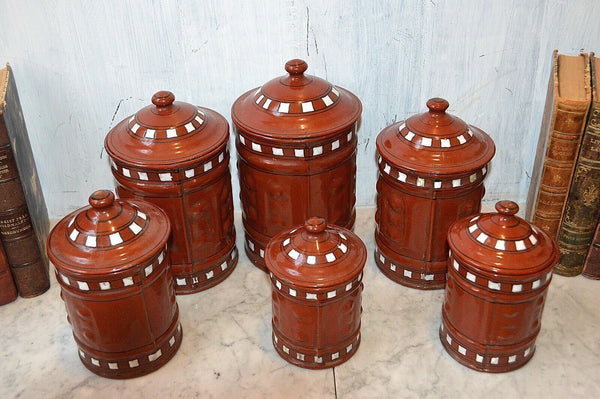 Vintage French Canister Set Red Enamel 6 Pieces Red White Black Enamelware