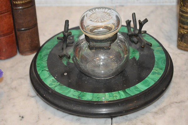 Antique Malachite Black Marble Desk Set Inkwell Pen Stand