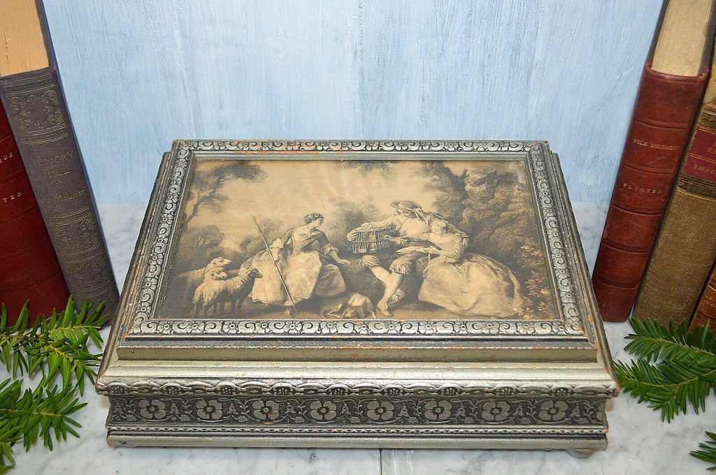 Antique Jewelry Dresser Box Interior Mirror Silver Wood Romantic Pastoral Scene