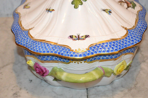 Herend Rothschild Bird Blue Border Tureen With Bird Fishscale 1055