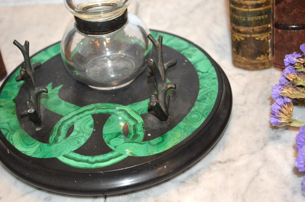 Antique Malachite Black Marble Desk Set Inkwell Pen Stand