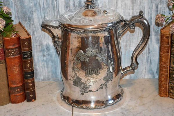 Antique F B Rogers Water Pitcher Quadruple Silver Plate Large Ceramic Lined